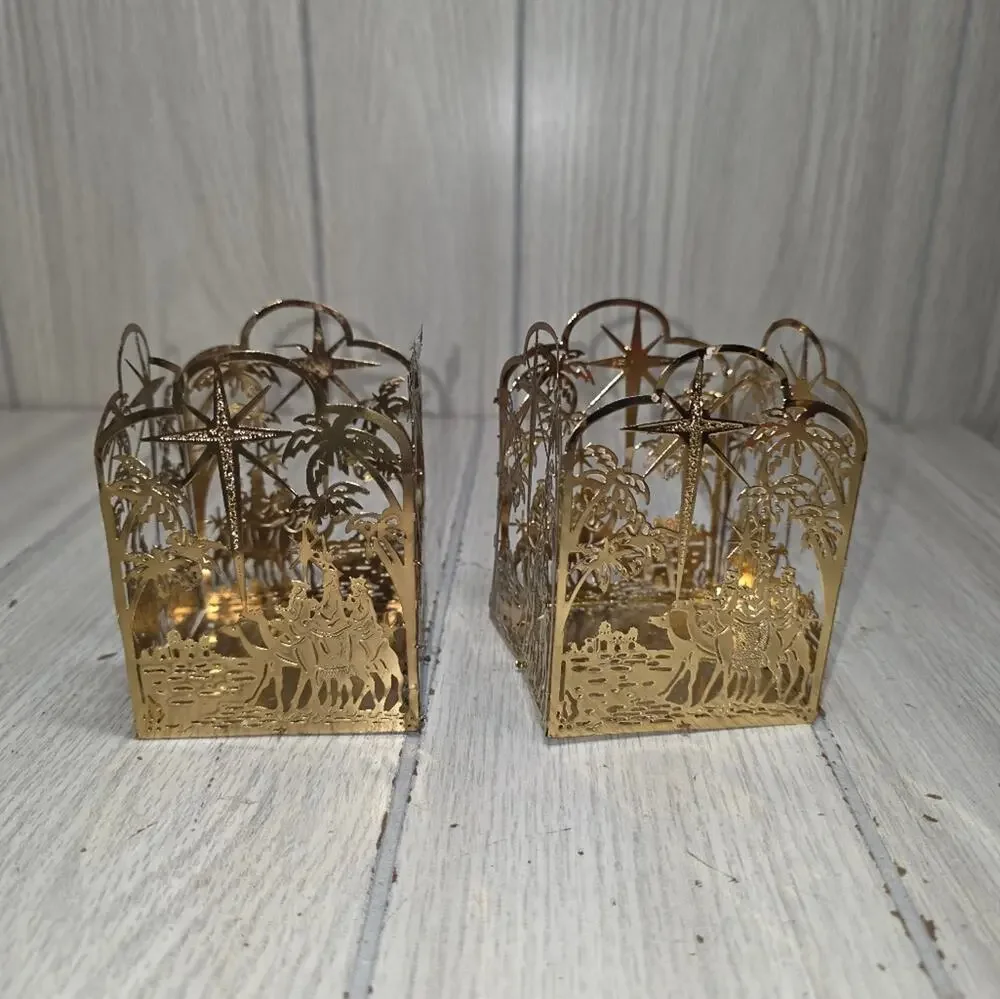 Vtg Brass Plated Nativity Candle Holder Set Of 2 MCM Holiday Religious Regency
